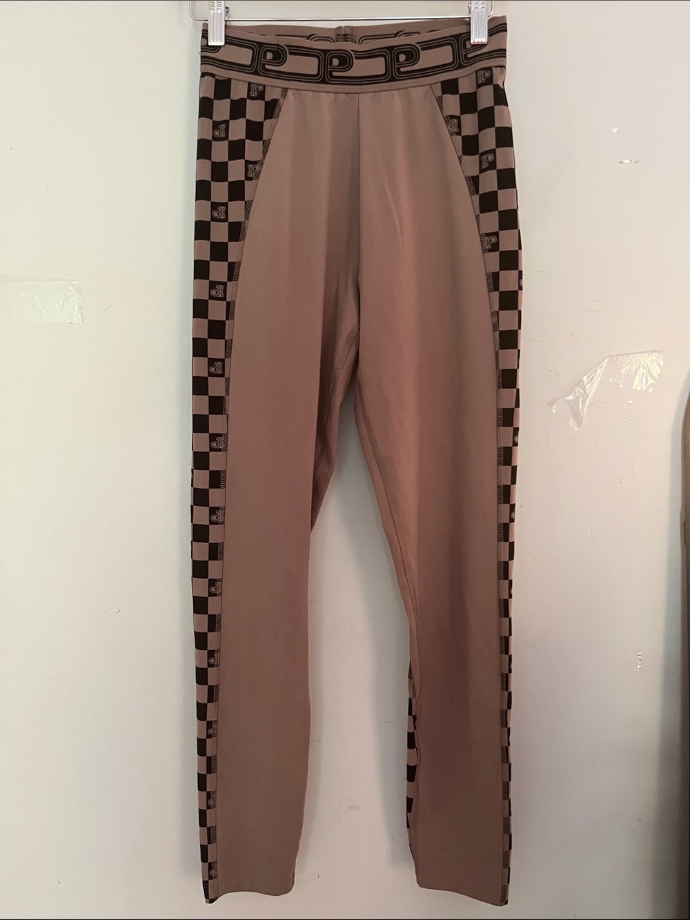 Active USA Pink Active Taupe Leggings with Black Graphic Trim